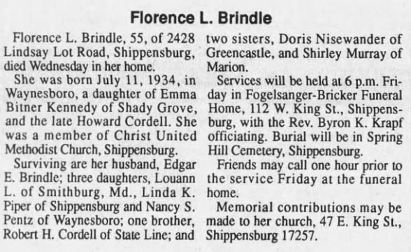 Brindle, Florence L. Cordell obit